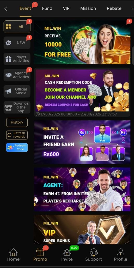 Mil win Invite bonuse